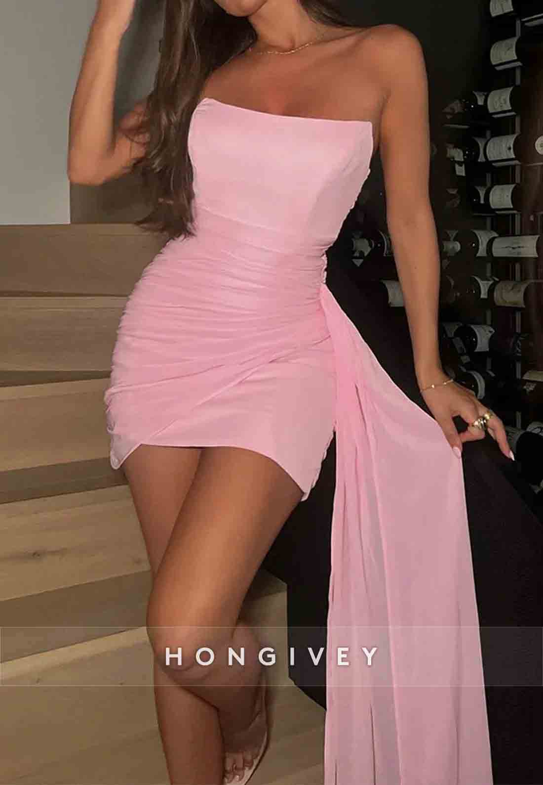 Side Draping Sheath Strapless Yellow Short Homecoming Dress with Ruched