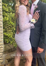 Sweetheart Sheath Yellow Long Sleeves Mini Homecoming Dress with Pearls