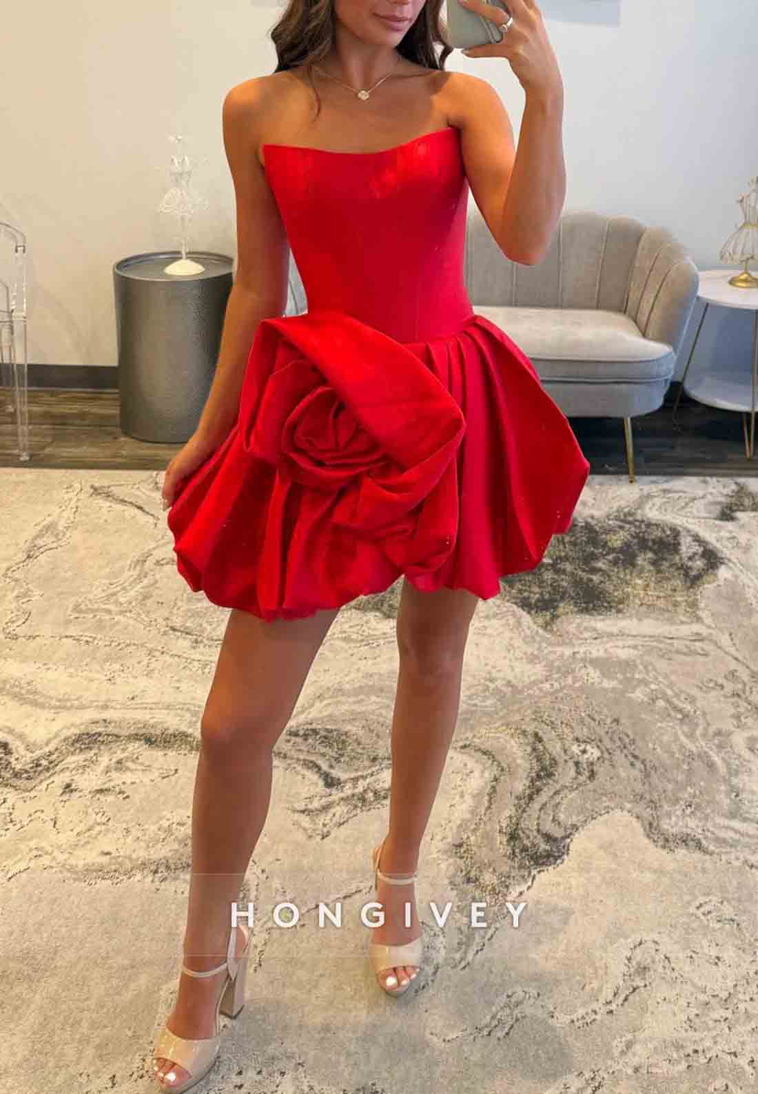 Strapless Red Corset A-Line Short Homecoming Dress with Dramatic Rose Detail