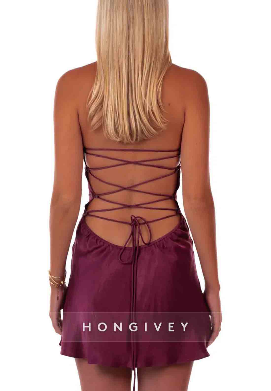 Sexy Halter Sleeveless Tie Back Spaghetti Straps Sheath Mini Homecoming Dresses