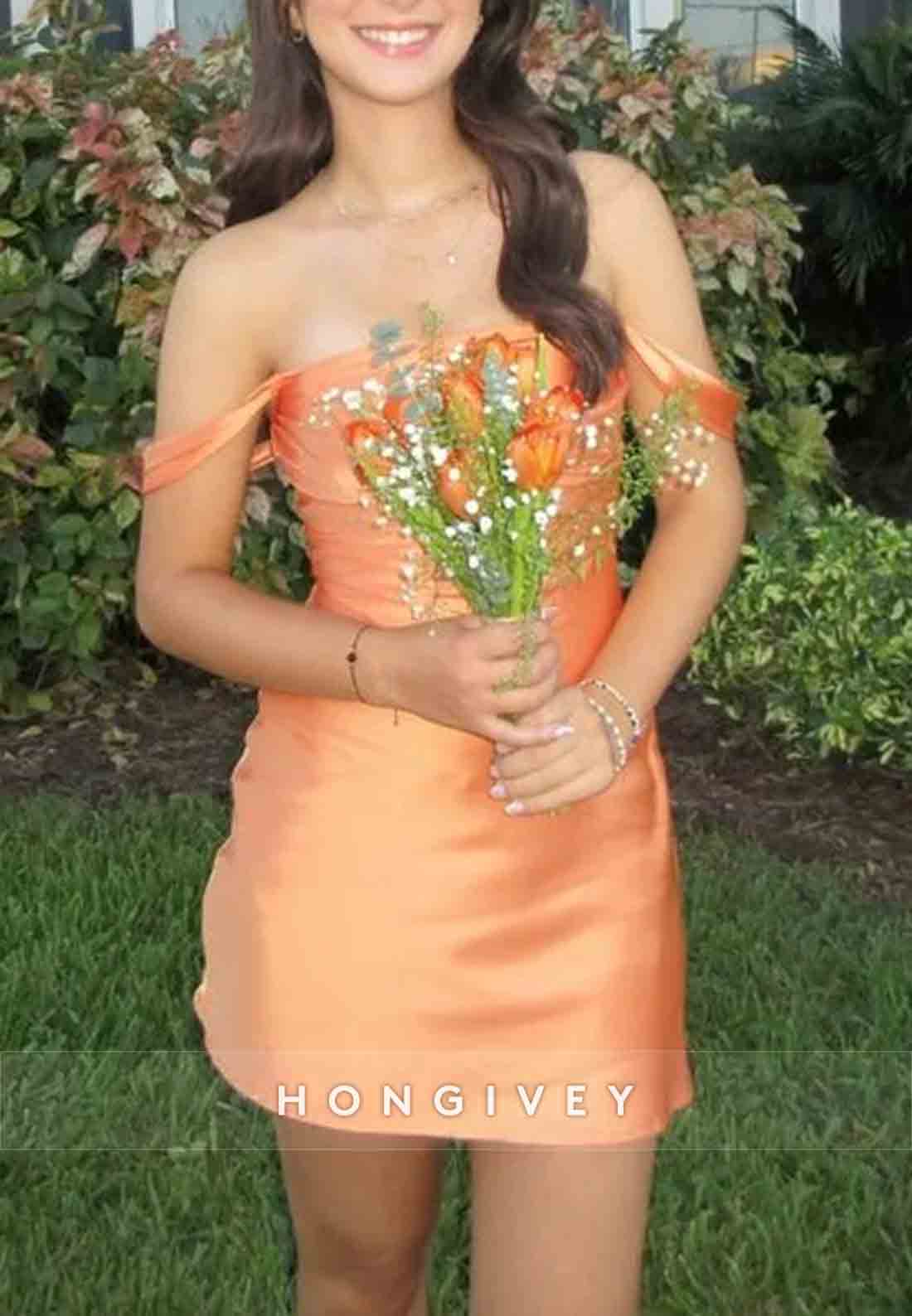 Chic Sheath Off the Shoulder Pleated Orange Satin Mini Homecoming Dress