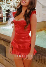 New Sheath Sweetheart Red Satin Mini Homecoming Dress with Ruffles