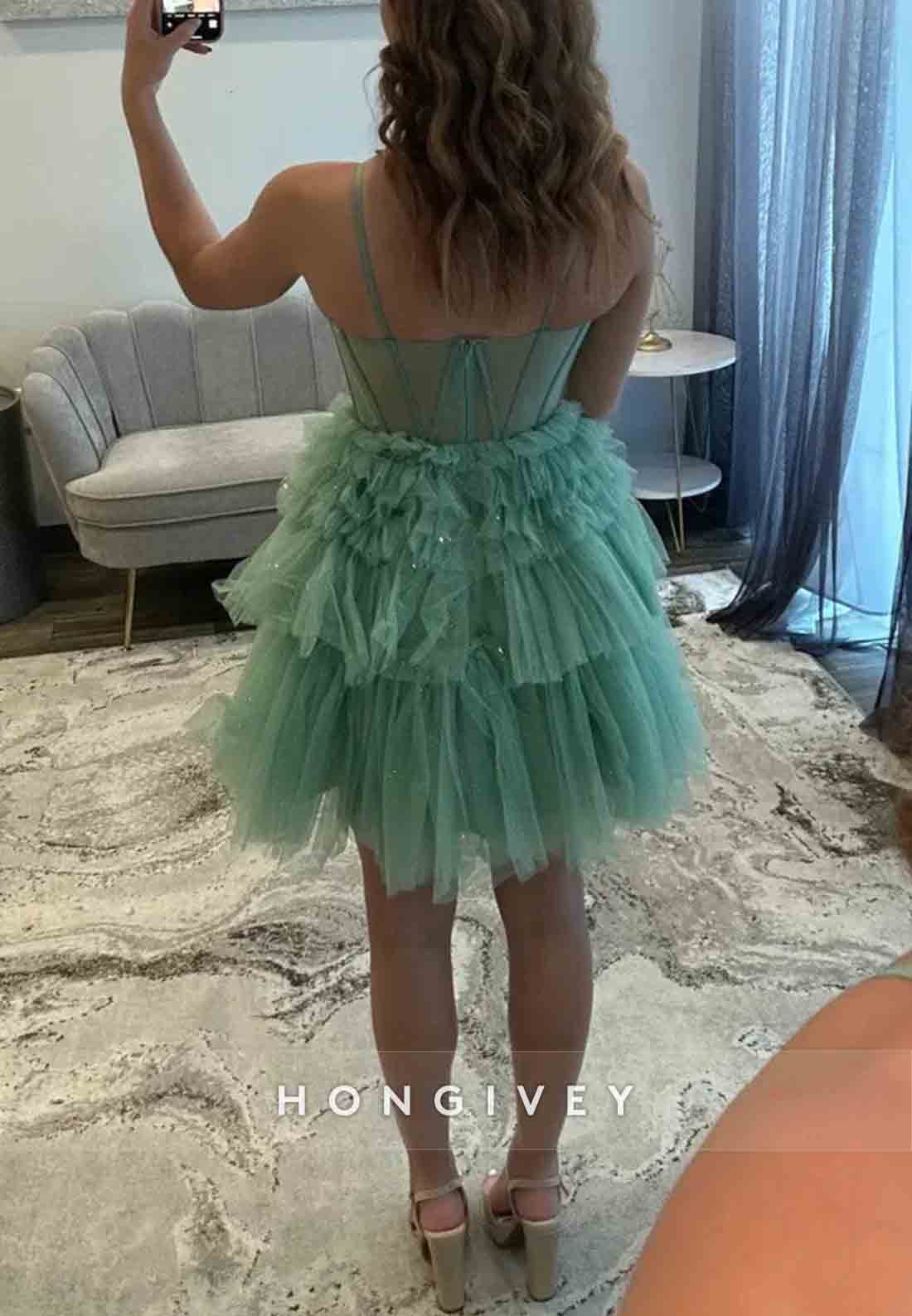 Green Corset Spaghetti Straps Short Homecoming Dress with Ruffles and Sparkle Details