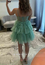 Green Corset Spaghetti Straps Short Homecoming Dress with Ruffles and Sparkle Details