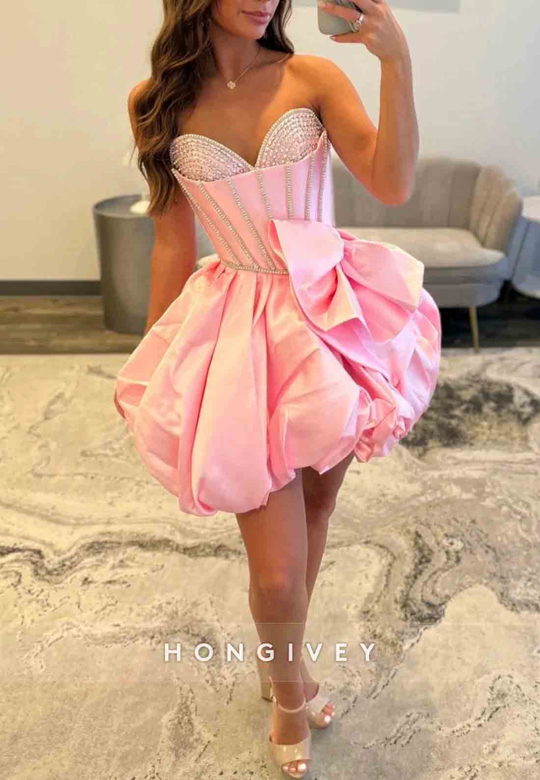 Pink Strapless Bubble Hem Homecoming Dress with Rhinestone Corset Bodice and Bow