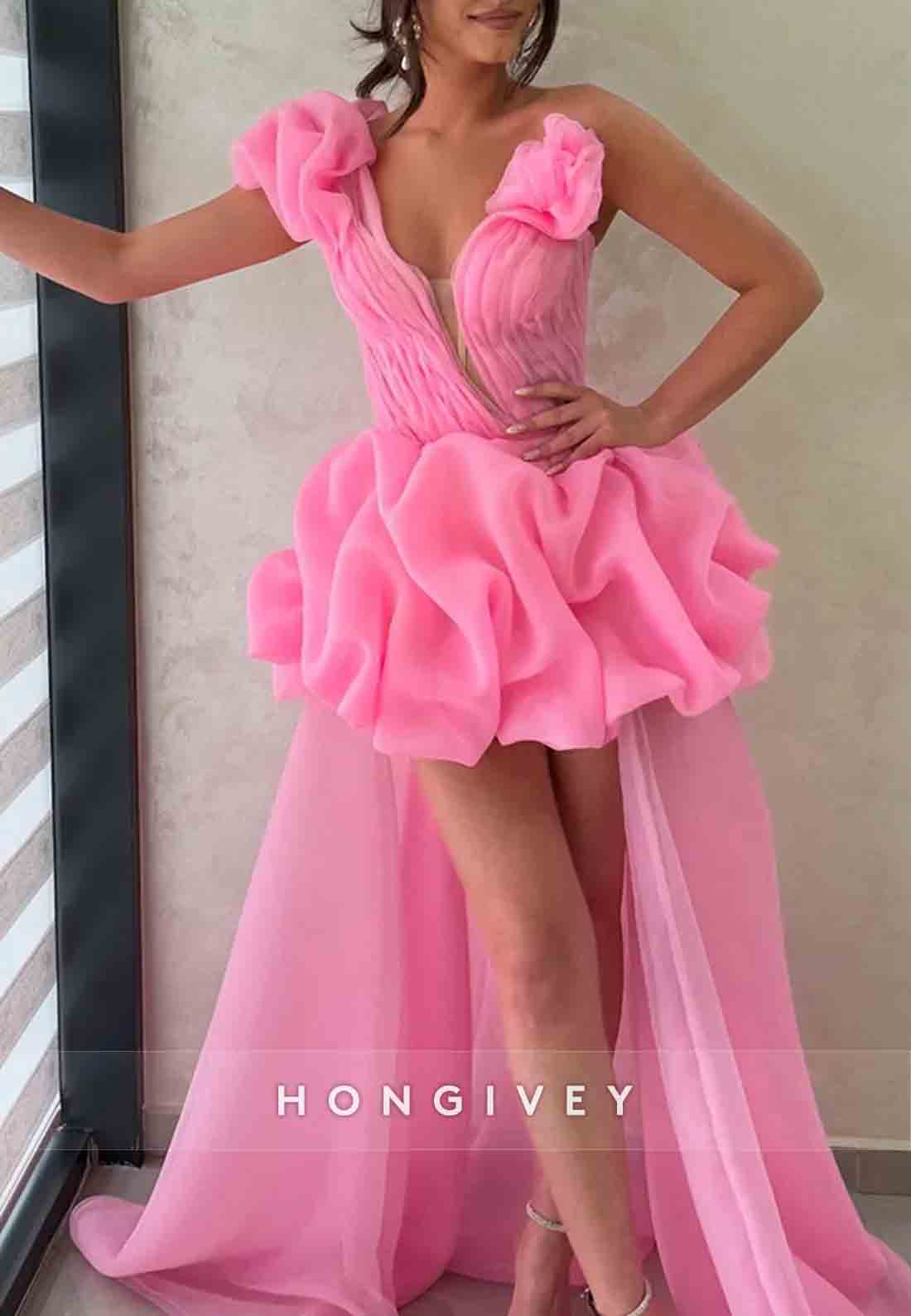 Gorgeous A Line One Shoulder Pink High Low Homecoming Dress with Train