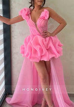 Gorgeous A Line One Shoulder Pink High Low Homecoming Dress with Train