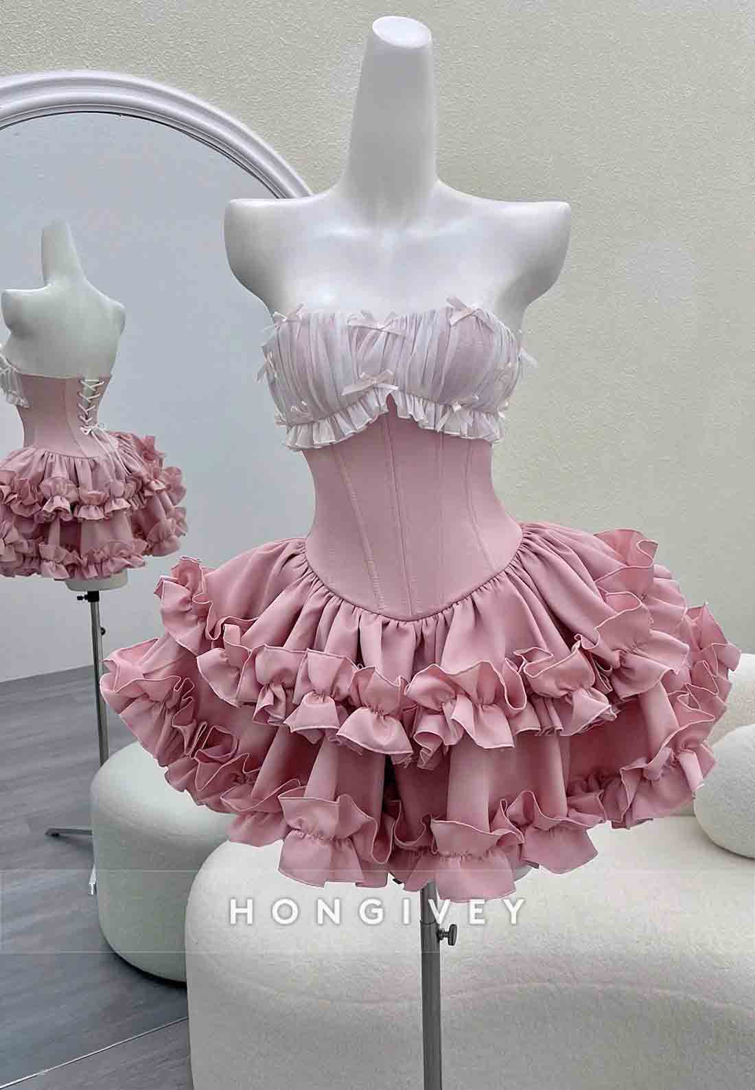 Chic Pink Strapless Ball Gown Short Homecoming Dresses with Ruched Bowknot