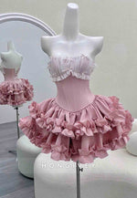 Chic Pink Strapless Ball Gown Short Homecoming Dresses with Ruched Bowknot