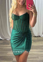 Sheath Strapless Pleated Side Slit Short Homecoming Dresses With Beading