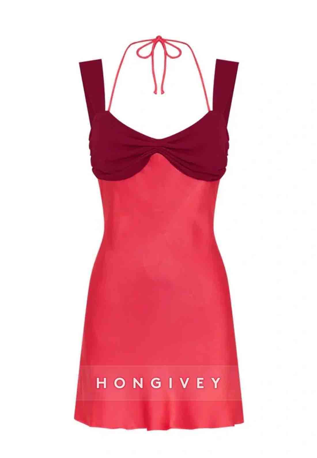 Tie Back Halter Sleeveless Satin Regular Straps Pleated Mini Homecoming Dresses