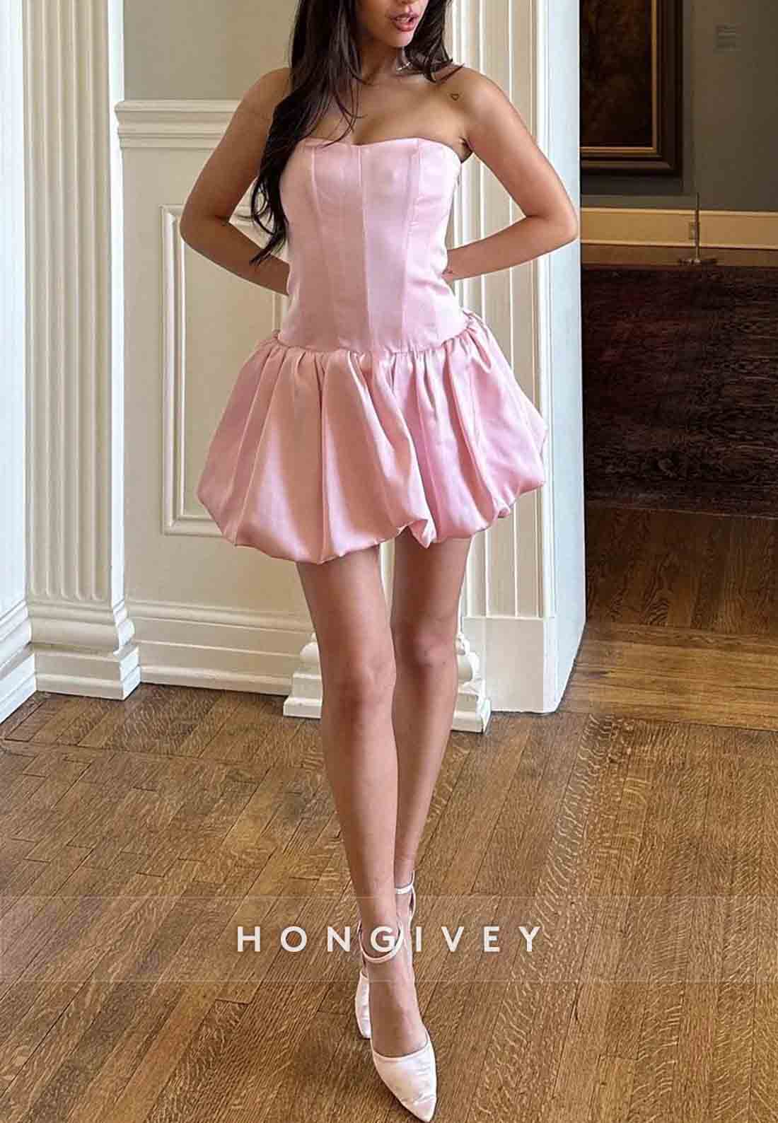 Pink Tie Back Strapless A-Line Sleeveless Pleated Homecoming Dresses