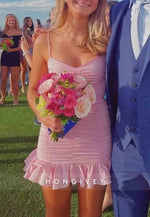 Fitted Flattering Spaghetti Straps Pink Mini Homecoming Dress with Ruched