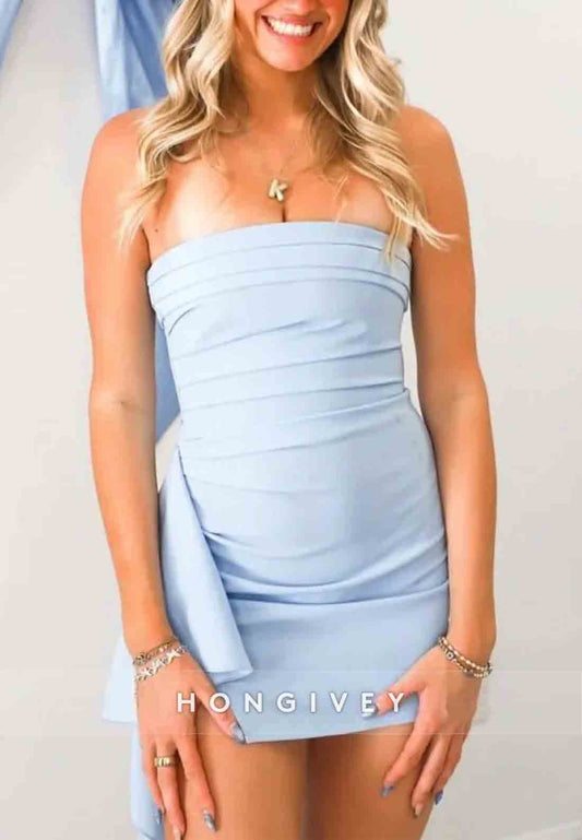 Stylish Side Draping Bodycon Strapless Blue Short Homecoming Dress with Ruched
