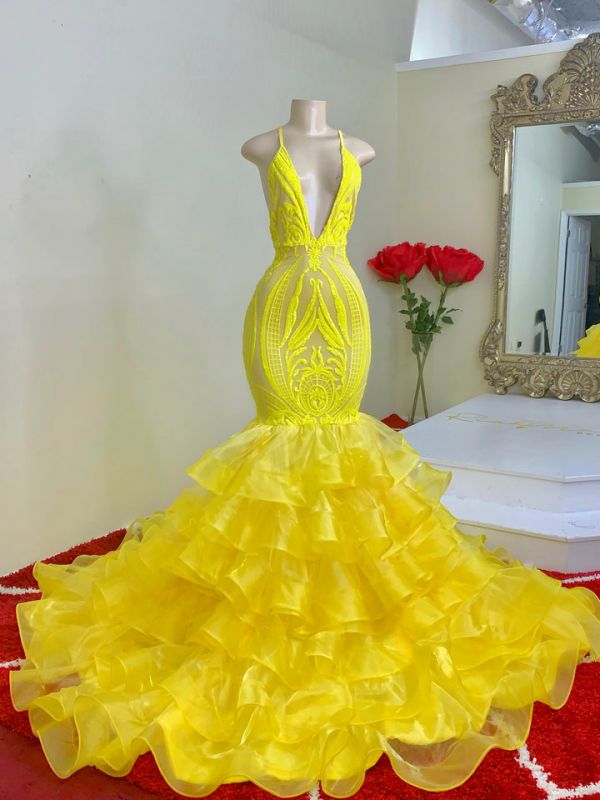 Hidais Mermaid Yellow Spaghetti Strap Halter Sleeveless Prom Dress Lace With Ruffles
