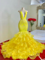 Hidais Mermaid Yellow Spaghetti Strap Halter Sleeveless Prom Dress Lace With Ruffles