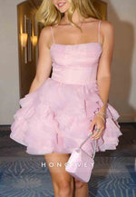 Pink Spaghetti Straps Lace-Up Layered Skater Mini Homecoming Dress