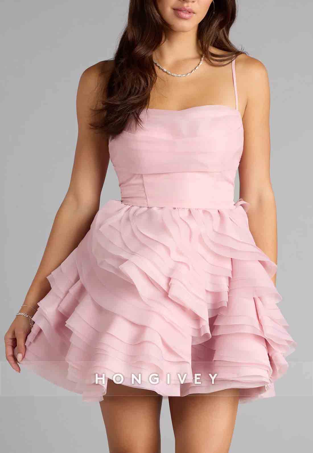 Pink Spaghetti Straps Lace-Up Layered Skater Mini Homecoming Dress
