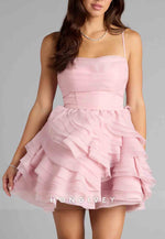 Pink Spaghetti Straps Lace-Up Layered Skater Mini Homecoming Dress