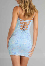 Spaghetti Straps Tie Back Dripping in Sparkle Sequin Beaded Mini Homecoming Dress