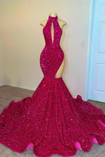 Hidais Charming Sleeveless Fuchsia High Neck Mermaid Long Prom Dress With Sequins