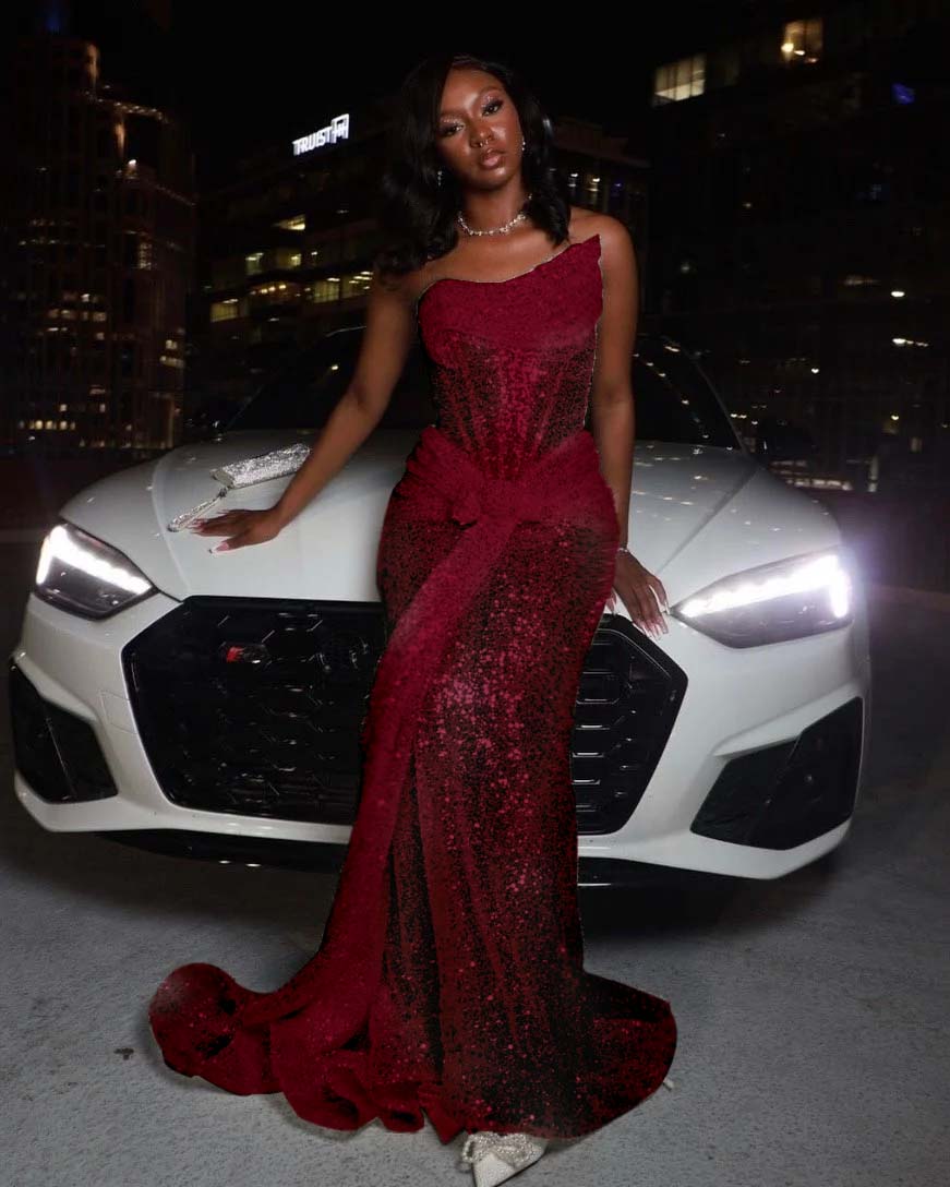 Hidais Tulle Asymmetric Strapless Sleeveless Long Pleated Mermaid Prom Dress With Sequins And Ruffles