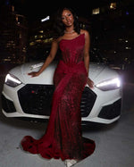 Hidais Tulle Asymmetric Strapless Sleeveless Long Pleated Mermaid Prom Dress With Sequins And Ruffles