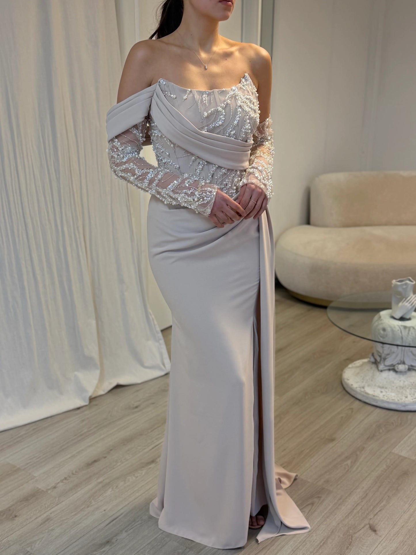 One Shoulder Detachable Long Sleeve Beaded Sequins Mermaid Evening Dress