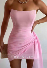 Side Draping Sheath Strapless Yellow Short Homecoming Dress with Ruched