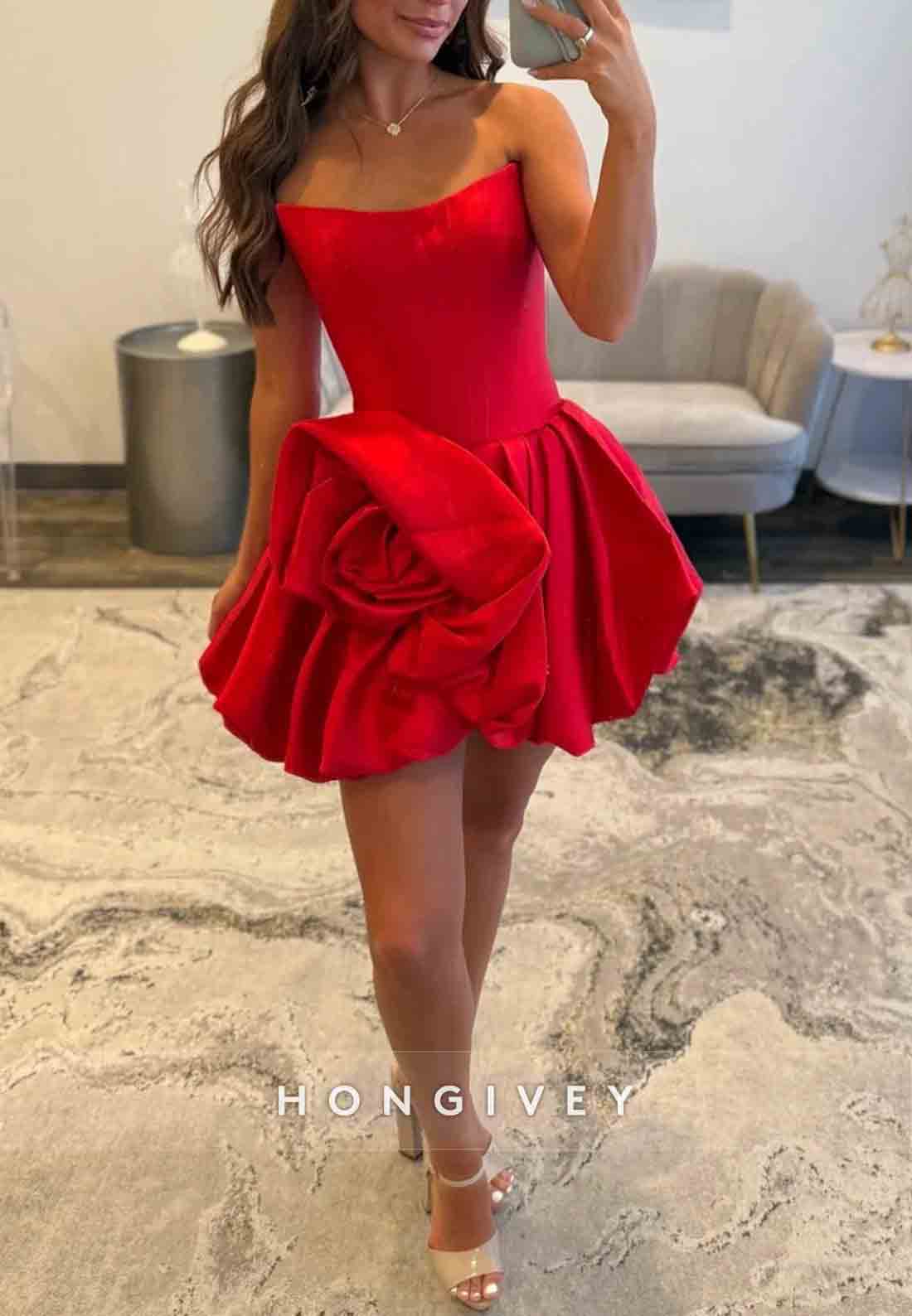 Strapless Red Corset A-Line Short Homecoming Dress with Dramatic Rose Detail