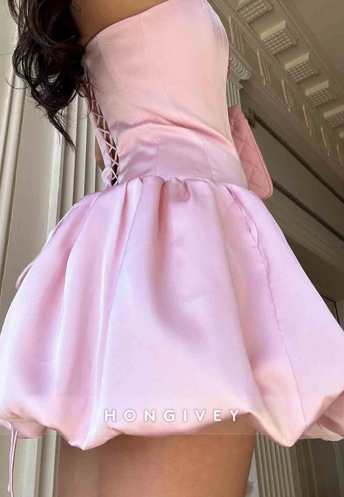 Pink Tie Back Strapless A-Line Sleeveless Pleated Homecoming Dresses