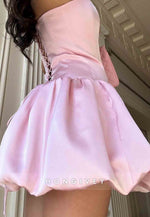 Pink Tie Back Strapless A-Line Sleeveless Pleated Homecoming Dresses