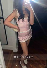 Cute Sheath Spaghetti Straps Pink Short Homecoming Dress with Appliques