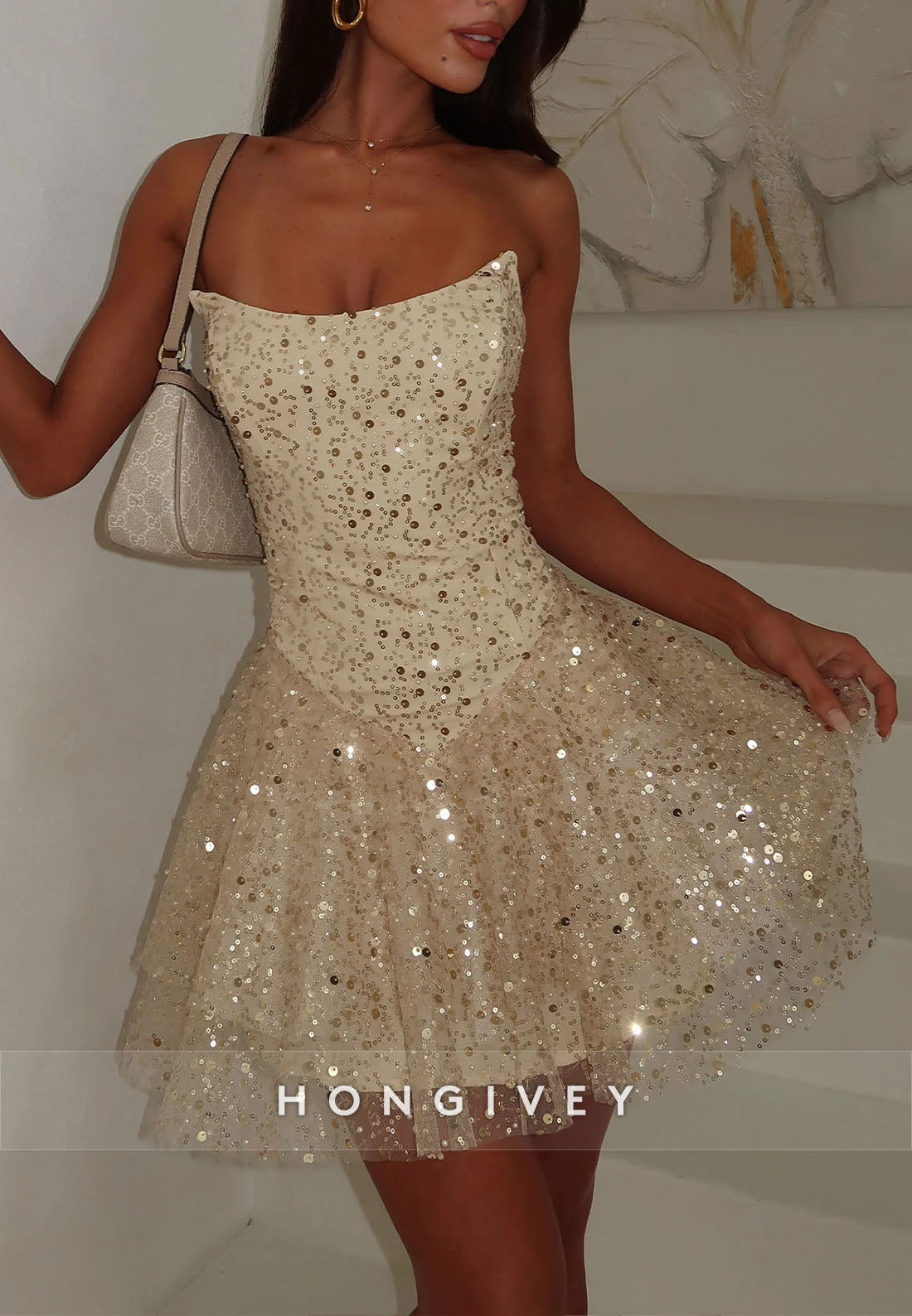 Gorgeous Goldrn Strapless A-Line Sequined Short Homecoming Dress