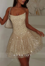 Gorgeous Goldrn Strapless A-Line Sequined Short Homecoming Dress