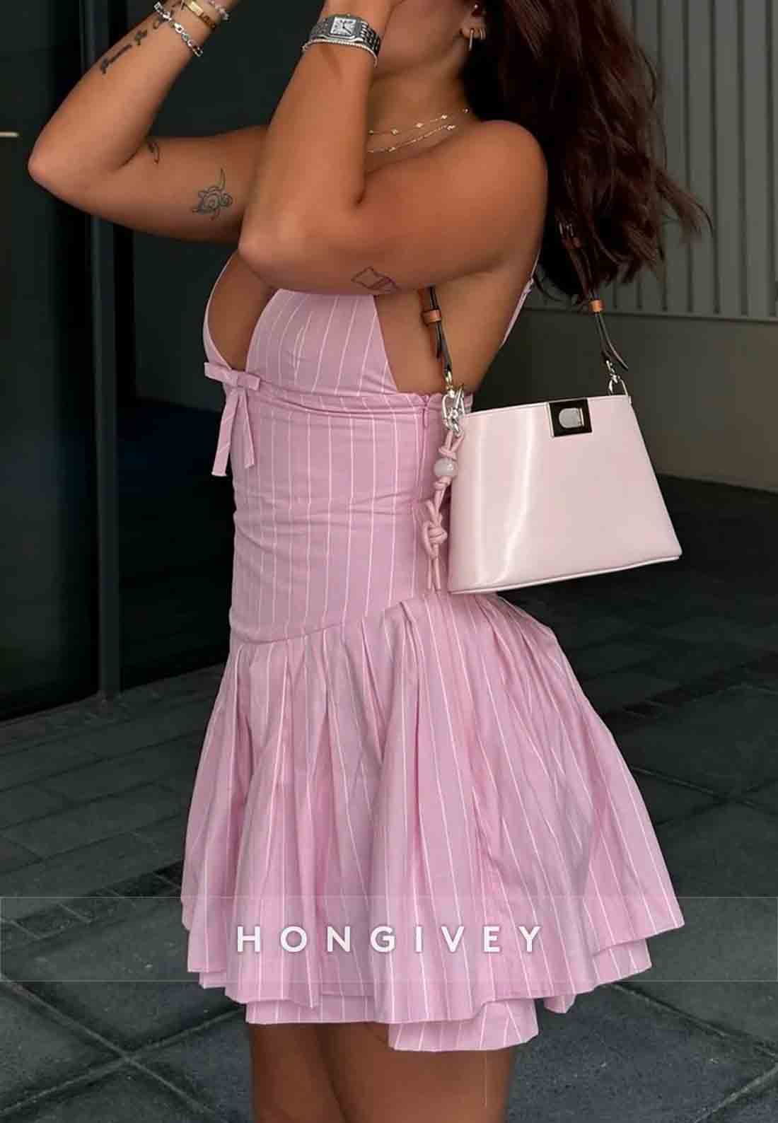 Chic A-Line Spaghetti Straps Pink Short Homecoming Dress with Bowknot