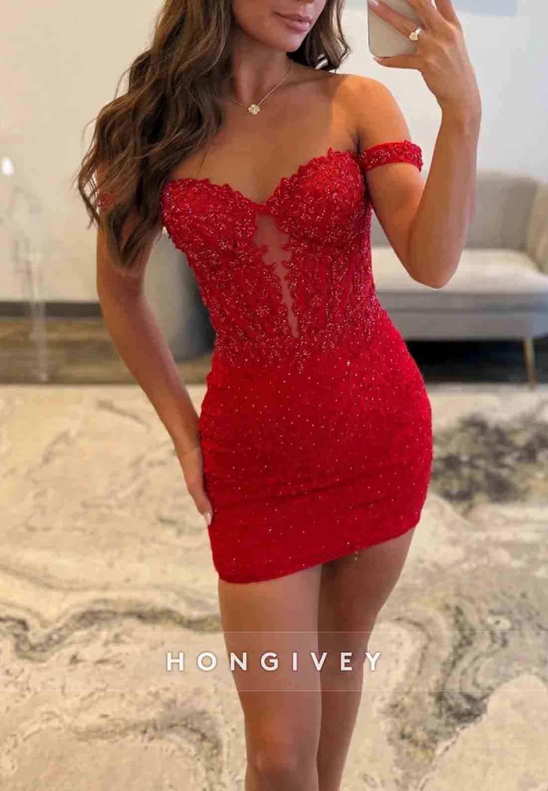 Off the Shoulder Sheath Beaded Lace Mini Homecoming Dresses with Sheer Corset Bodice