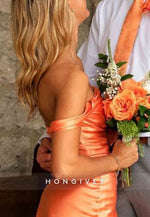 Chic Sheath Off the Shoulder Pleated Orange Satin Mini Homecoming Dress