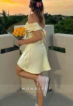 Simple Off the Shoulder Elastic Satin Sheath Pleated Short Homecoming Dresses