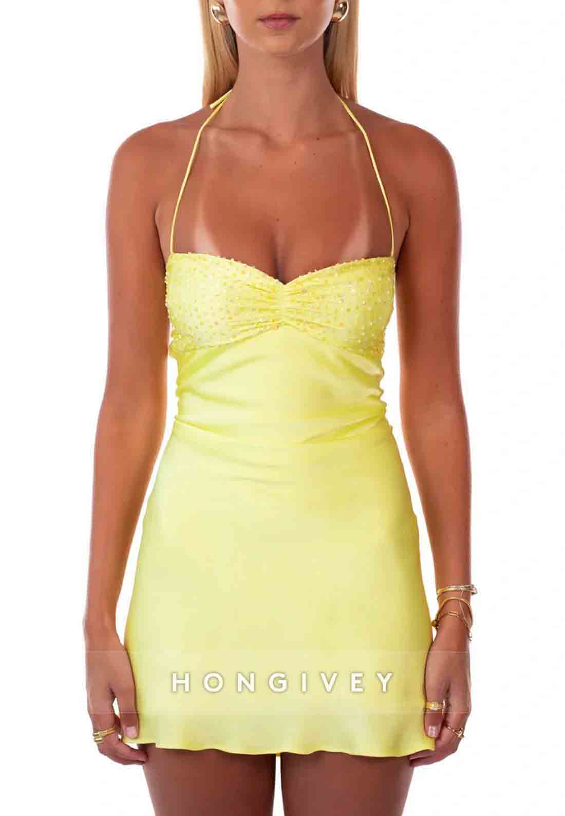 Sexy Halter Sleeveless Tie Back Spaghetti Straps Sheath Mini Homecoming Dresses