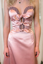 A-Line Strapless Pink Satin Long Prom Dresses with Bowknot