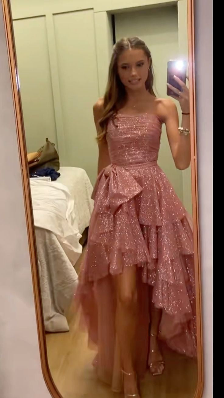 Strapless Blush Pink Ruched Tiered High-low Dress