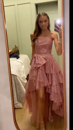 Strapless Blush Pink Ruched Tiered High-low Dress