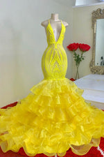Hidais Mermaid Yellow Spaghetti Strap Halter Sleeveless Prom Dress Lace With Ruffles