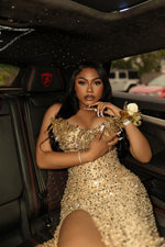 Modern Strapless Champagne Gold Prom Dress Mermaid Sequins Long With Split Crystals