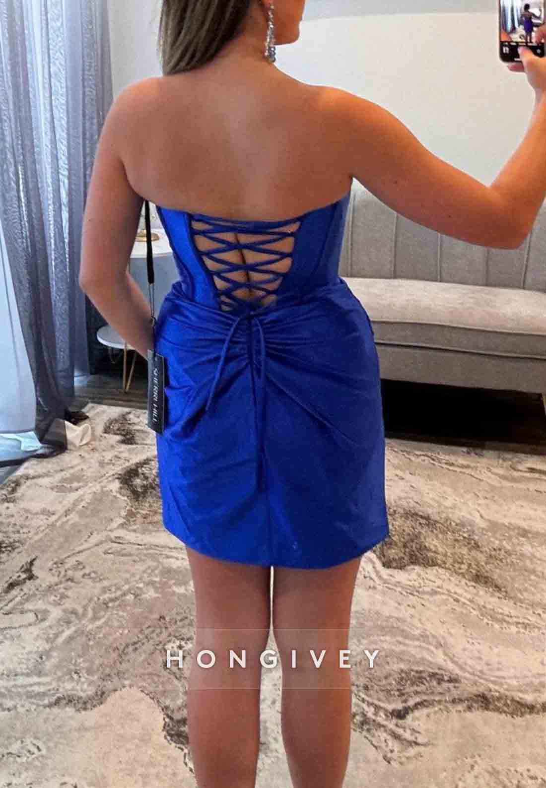 Satin Tie Back Strapless Homecoming Dress with Ruched Skirt and Corset Bodice