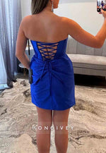 Satin Tie Back Strapless Homecoming Dress with Ruched Skirt and Corset Bodice