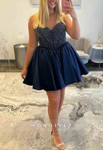 Satin Short Homecoming Dress with Beaded Corset Bodice and Sweetheart Neckline