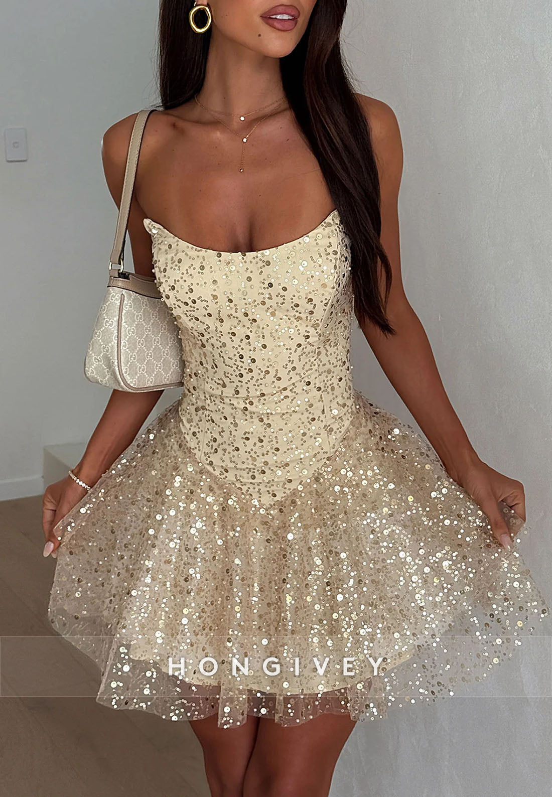Gorgeous Goldrn Strapless A-Line Sequined Short Homecoming Dress