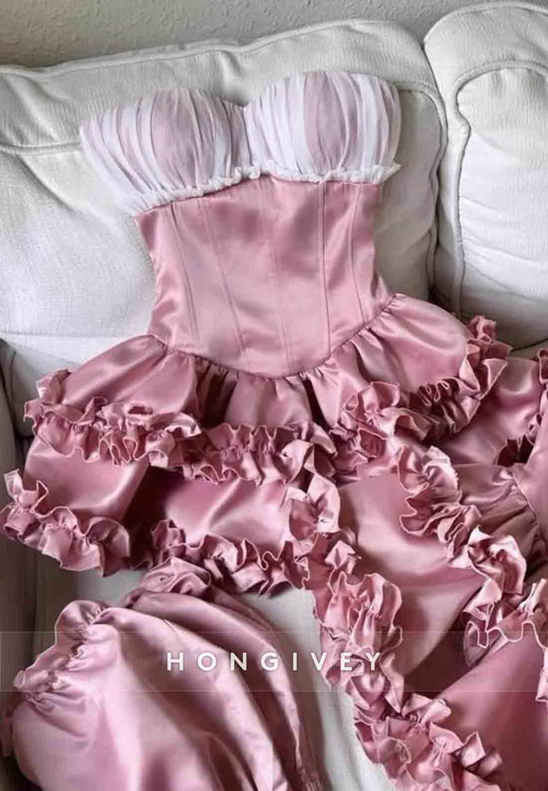 Chic Pink Strapless Ball Gown Short Homecoming Dresses with Ruched Bowknot